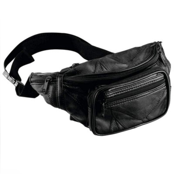 Men Genuine Leather Adjustable Black Belt Bag / Waist Bag